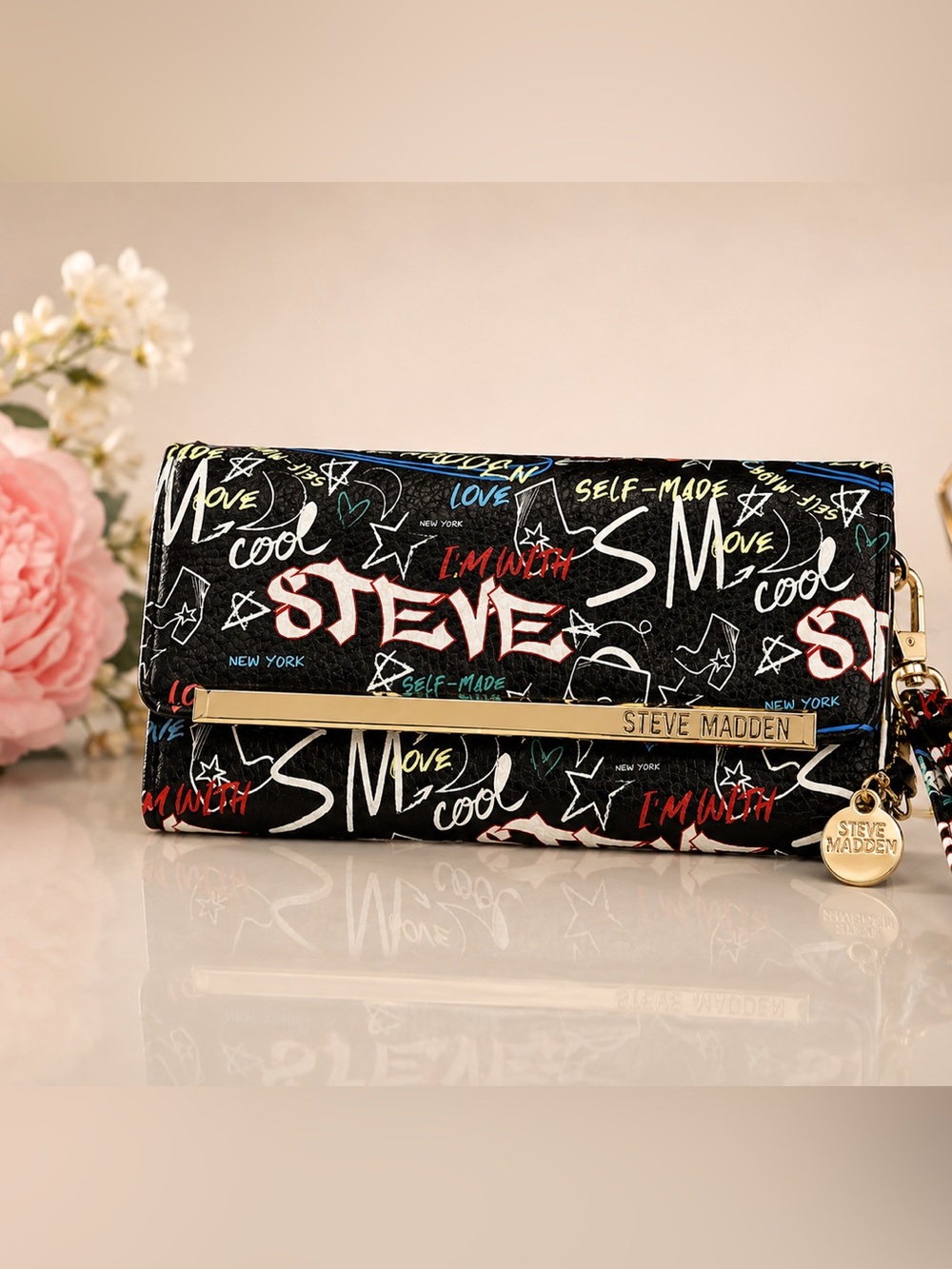 Steve Madden Black Graffiti-Print Clutch with Gold Accent NWOT
